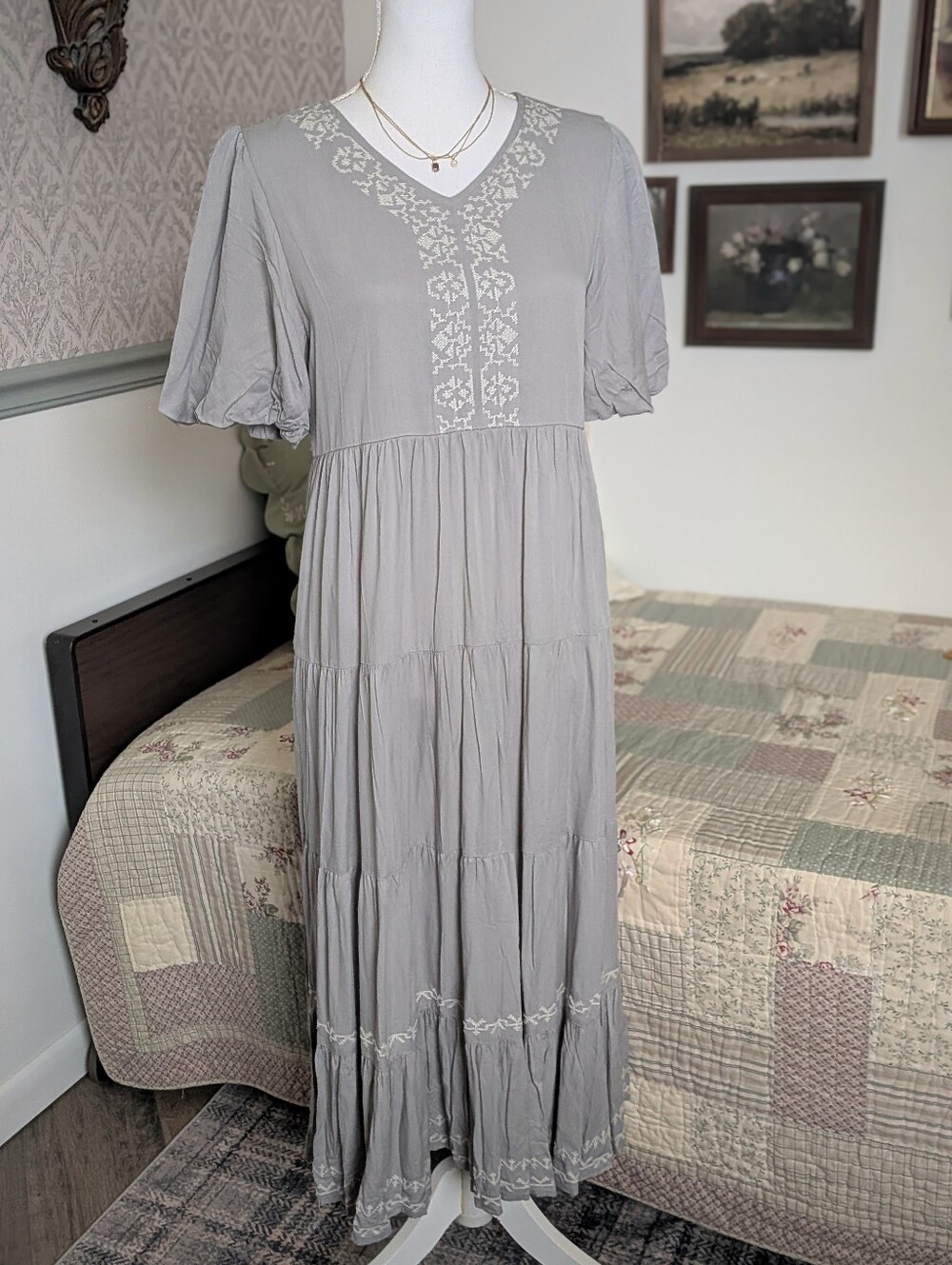 Orange Creek Gray Embroidered Tiered Maxi Dress Cottagecore Prairie NWT S M